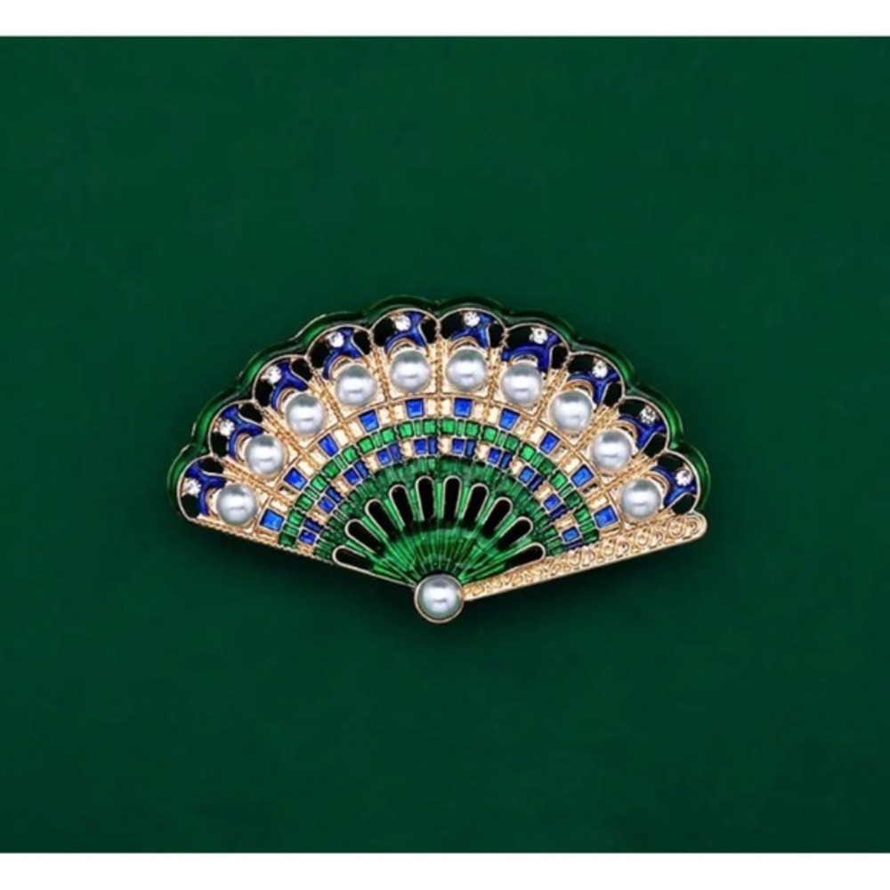 Vintage-Inspired Fan Brooch Green‎ Enamel Faux Pearl Rhinestone Pin Statement